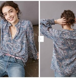 Maeve for Anthropologie Long-Sleeved V-Neck Blous Top Blue, Pink, White Size S